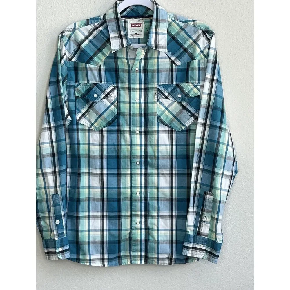 Levis Western Blue Green Plaid Pearl Snap Button Front Shirt Mens‎ M